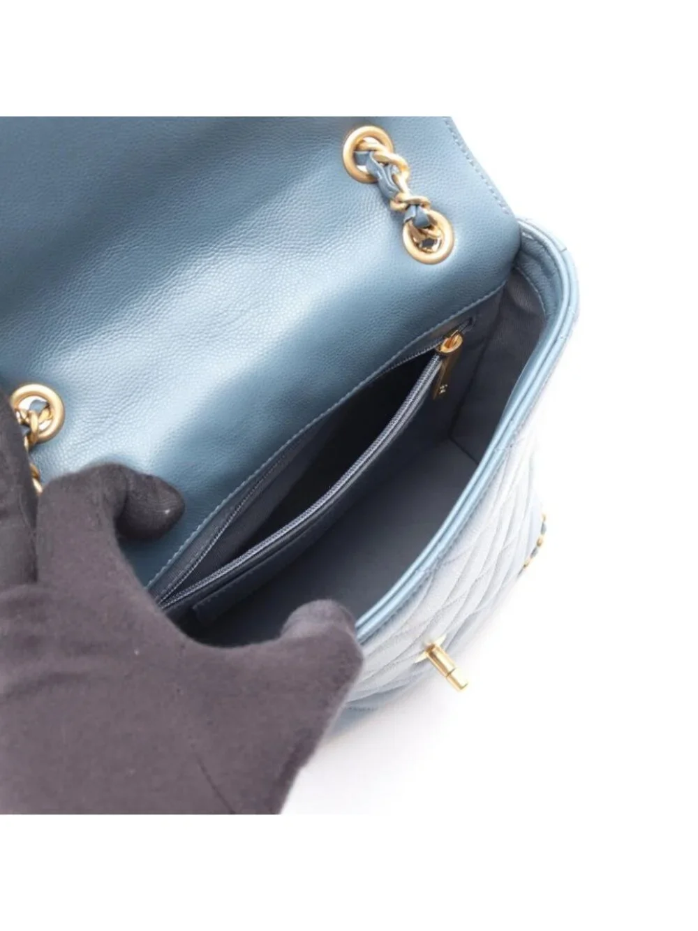 Chanel Backpack Quilted Camellia Chain Around Smoky Blue Caviar Leather